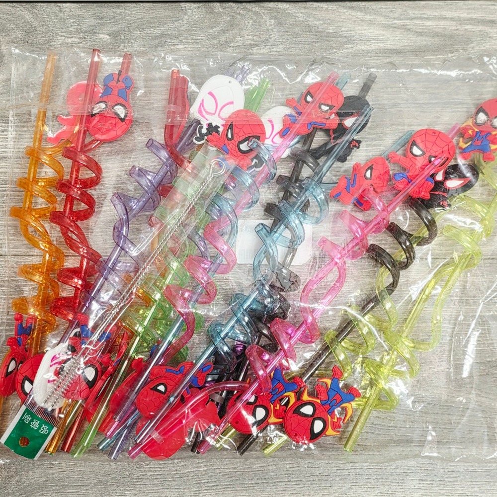 Spider-Man Twisty Straws 24 Pack 10 Inch Kids Plastic Curly Reusable Party Favor